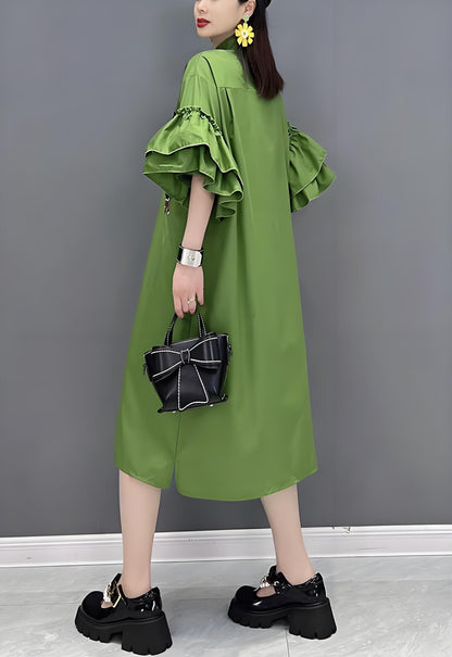 Women's Plus Size Green Standing Collar Cat Embroidery Shirt Dress Spring