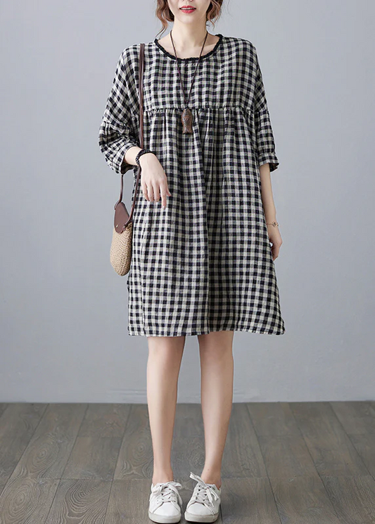 Vintage O Neck Pocket Plaid Linen Dress