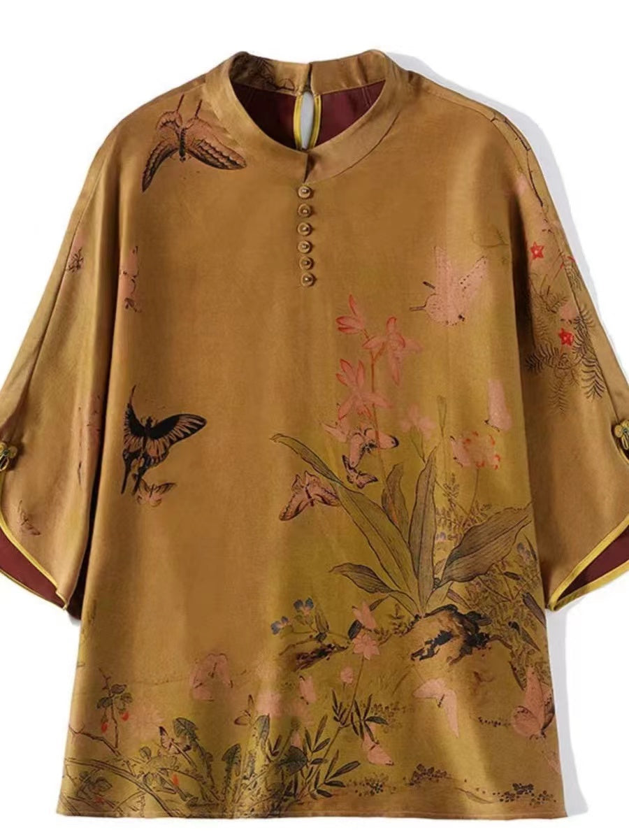 Chinese Printed Silk Clashing Short Sleeve Shirt Top