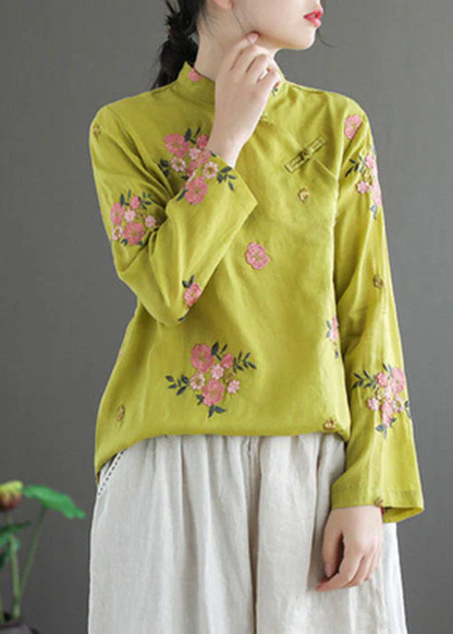 Yellow Chinese Standing Collar Floral Embroidery Linen Long Sleeve Shirt Spring