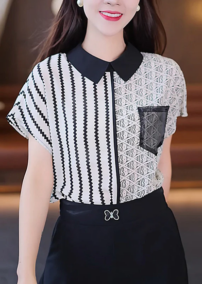 Stylish Striped Patchwork Shirt Short Sleeve Top