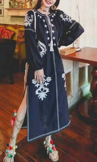 Bohemian Embroidered Strappy Long Sleeve Long Dress