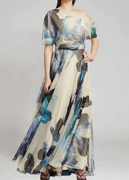 Elegant Asymmetric Printed Chiffon Long Dress