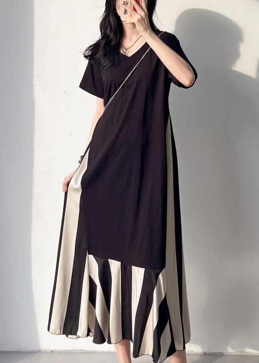 Women's V-Neck Patchwork Cotton Patchwork Striped Short Sleeve Long Dress