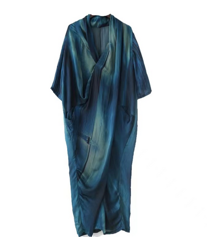 Loose Blue Smooth V-Neck Robe Dress