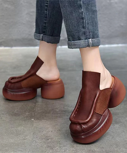 Brown Retro Patchwork Cowhide Thick Sole Slippers