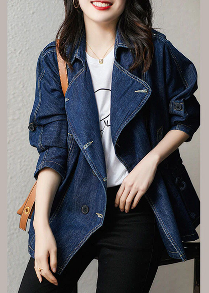 Stylish Lapel Pocket Drawstring Denim Jacket