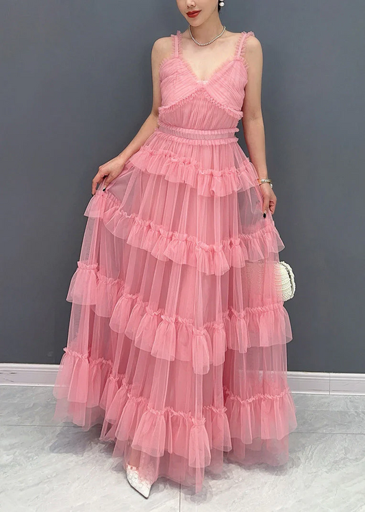 Italian Pink Ruffle Tulle Spaghetti Strap Long Dress