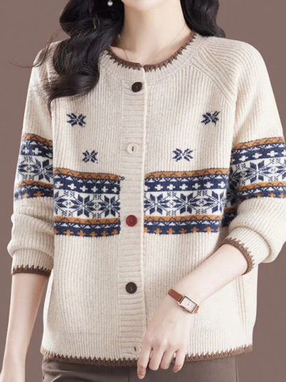 Women's Loose Classic Vintage Crew Neck Knit Cardigan