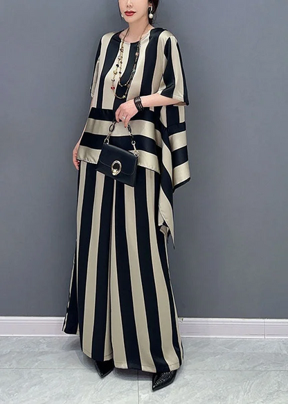 Women's plus size color blocking asymmetric splicing striped chiffon two-piece set