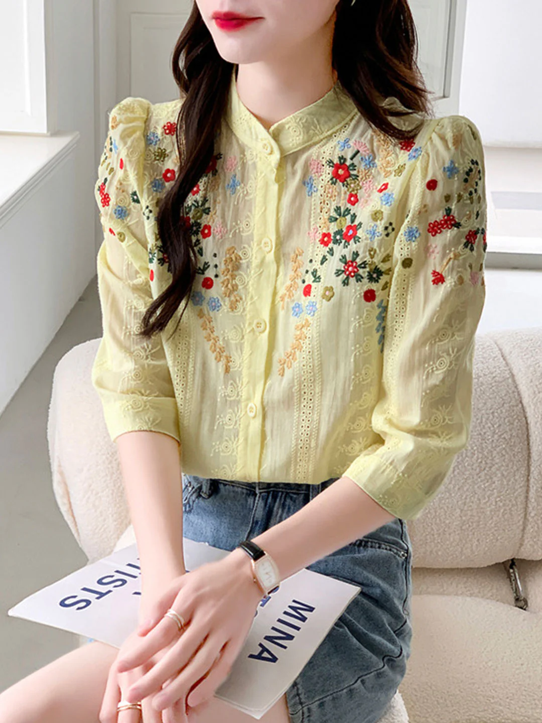 Elegant Embroidered Jacquard Short Sleeve Cardigan Shirt Top