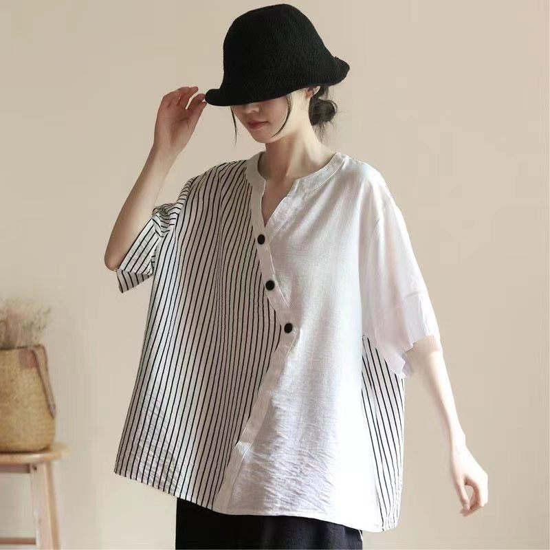 Casual Colorblocked Patchwork Asymmetric Short Sleeve Shirt Top