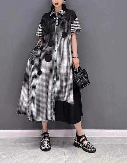 Fashion Casual Plaid Polka Dot Short Sleeve Shirt Dress