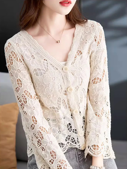 Elegant V-neck Cutout Crochet Knit Long Sleeve Cardigan