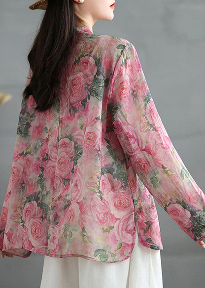 Chinese Style Pink Printed Button Down Linen Shirt