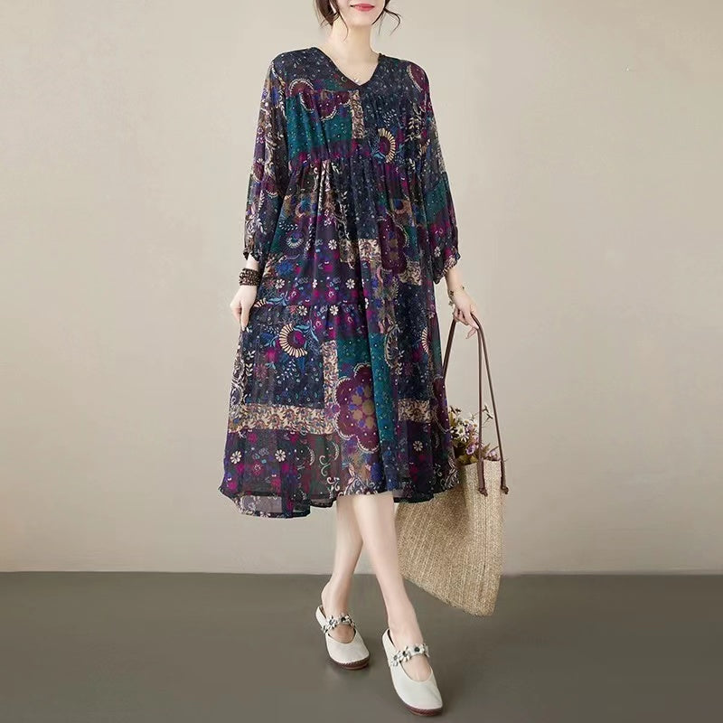 Loose v-neck printed lantern long sleeve dress