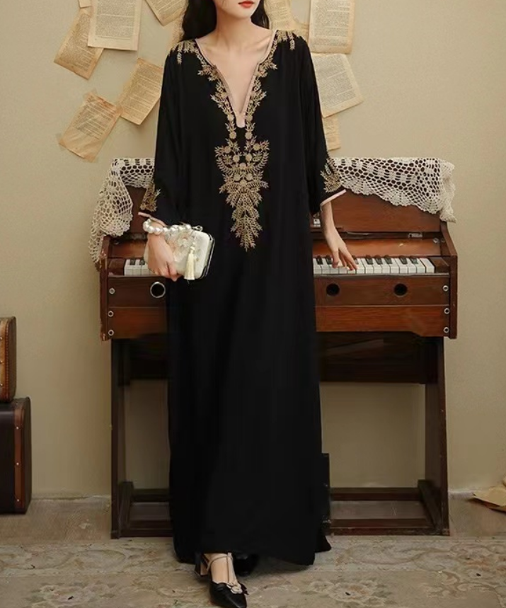 French V-neck embroidered cotton long dress