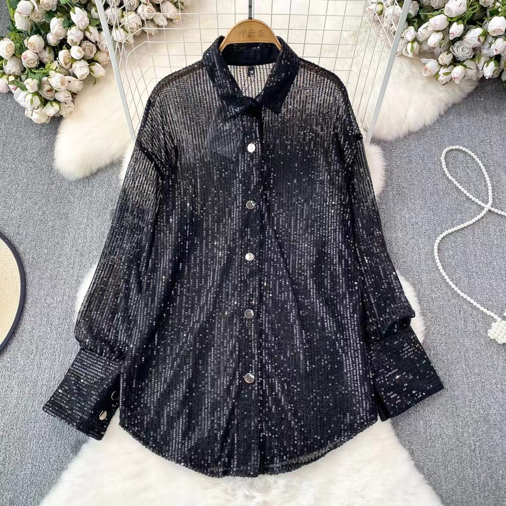 Fashion Glitter Sequins Lapel Cardigan Long Sleeve Shirt Top