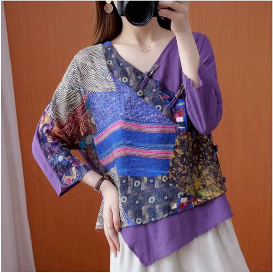 Patchwork Floral Print Half Sleeve Shirt