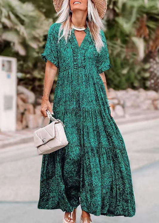 V-Neck Printed Ruffle Short Sleeve Long Dress