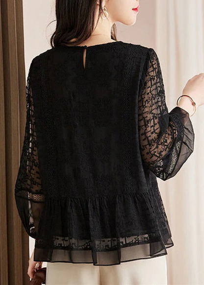 There are oh yo black embroidered cut-out lace blouse long-sleeved blouse