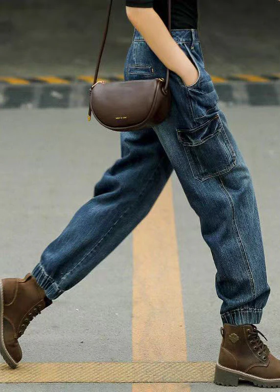 Original Design Pocket Patchwork Cotton Denim Drawstring Pants