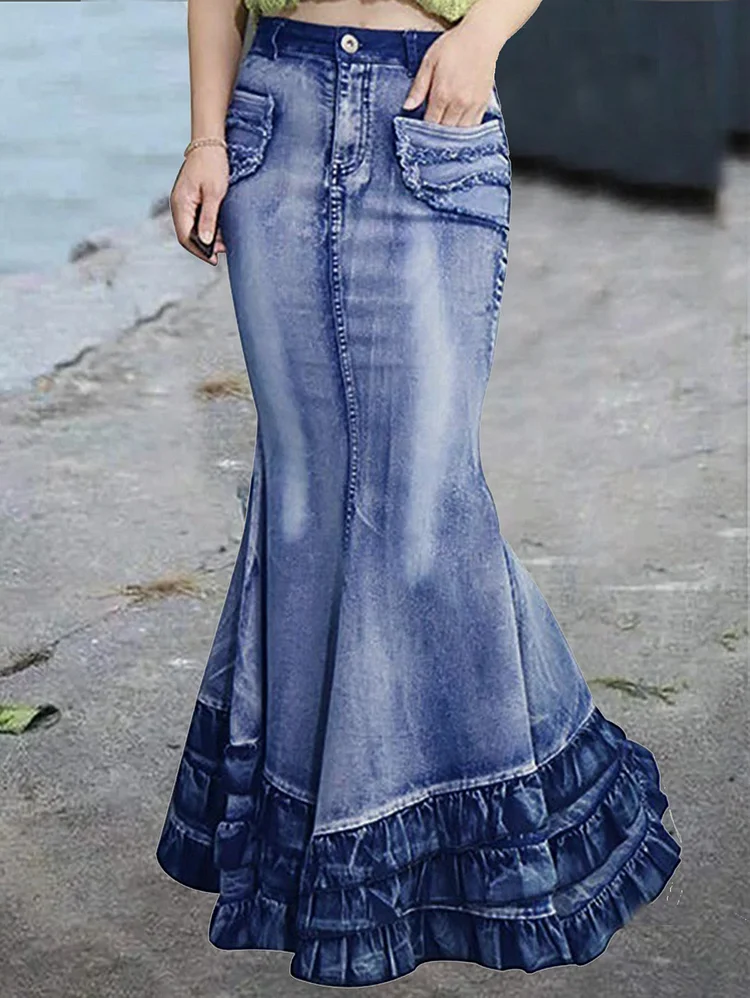 Casual Spliced Fishtail Hem Denim Skirt