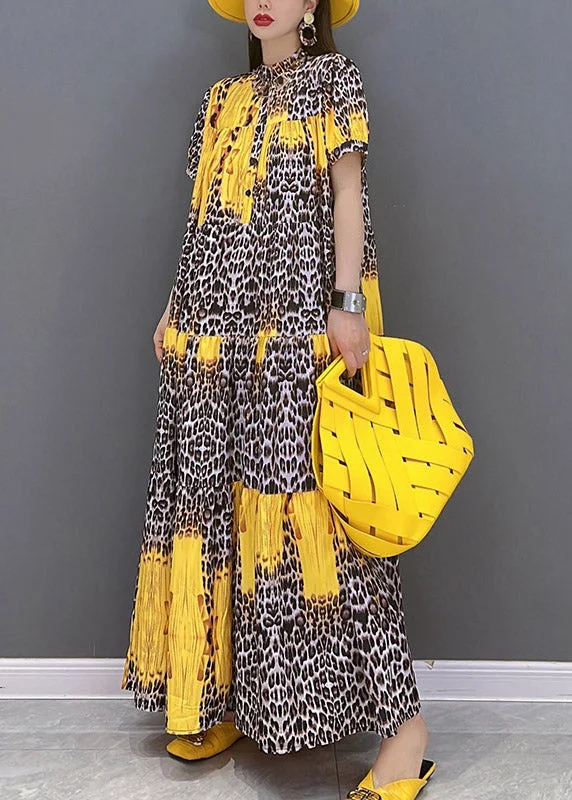 French Yellow Printed Short Sleeve Long Dress