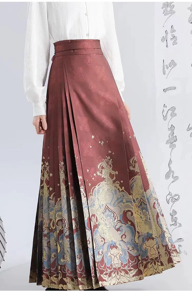 Elegant Vintage Pleated Dragon Print Tie Skirt