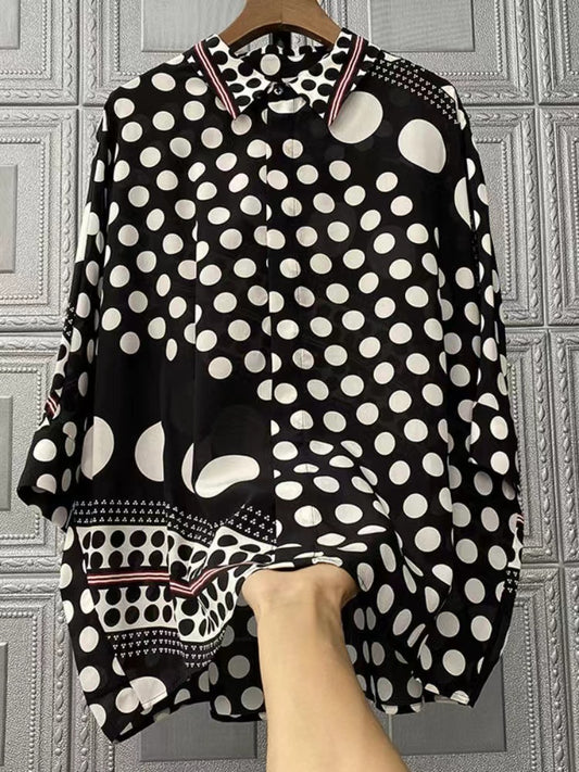 Fashion Black and White Polka Dot Silk Long Sleeve Shirt