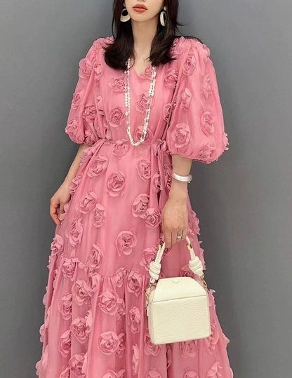 French Rose Floral V-Neck Bubble Short Sleeve Long Dress