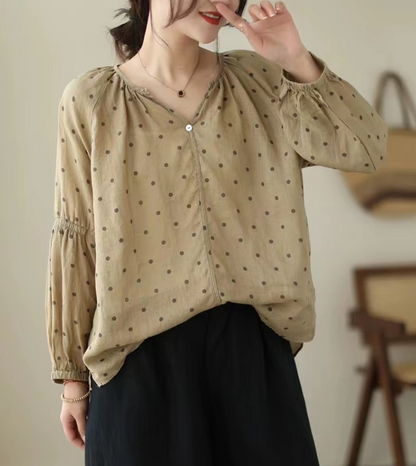 Elegant Printed Polka Dot V-Neck Linen Long Sleeve Shirt Top