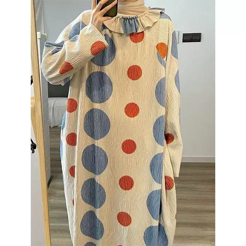 Pleated Colorful Polka Dot Long Sleeve Dress