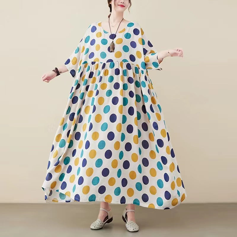 Elegant Colorful Polka Dot Short Sleeve Long Dress