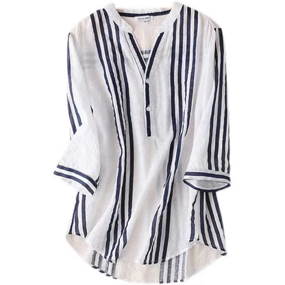 Oversized Striped Cotton Short Sleeve Shirt Top Blue