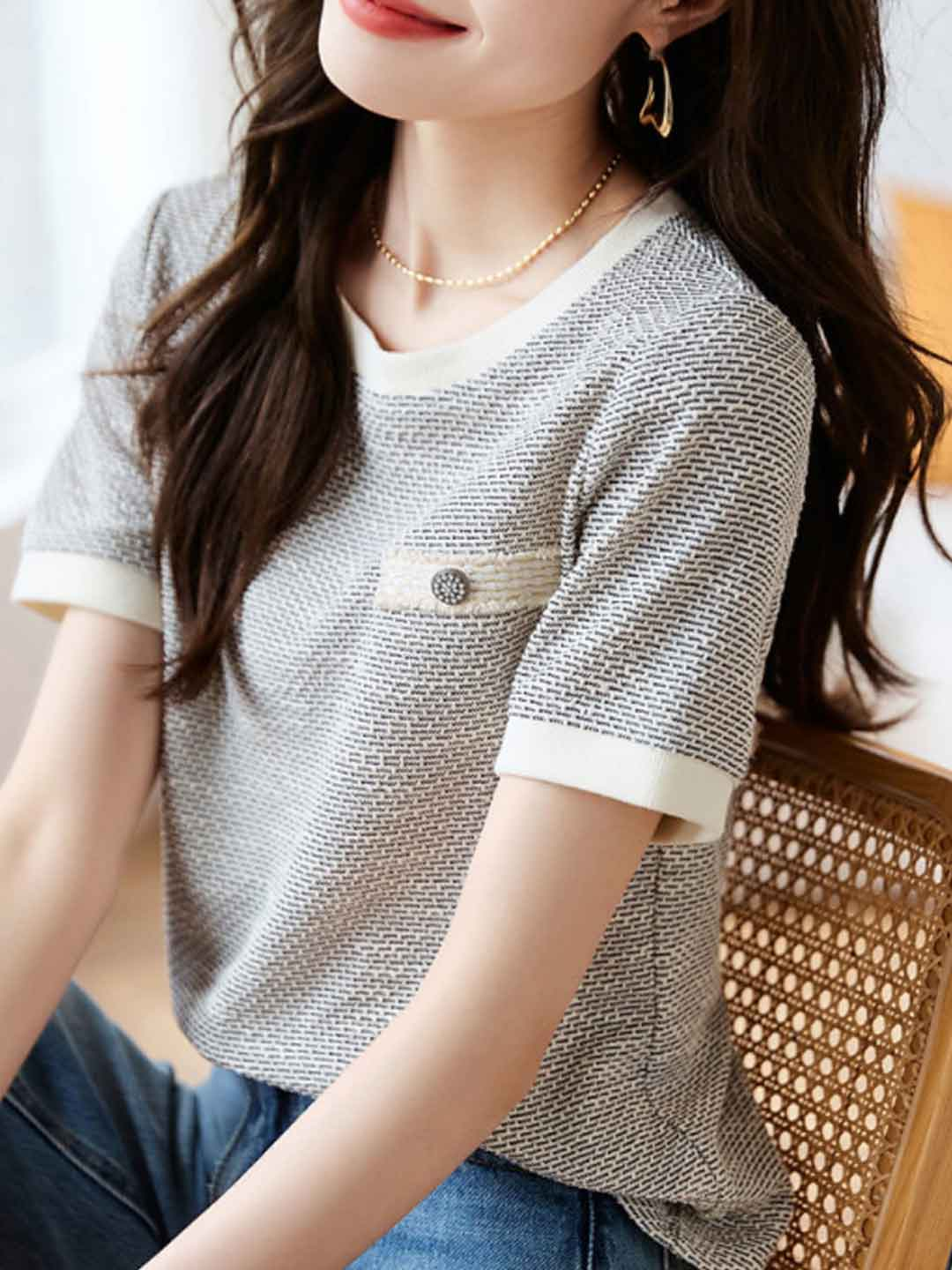 Loose Round Neck Textured Shirt Short Sleeve Top