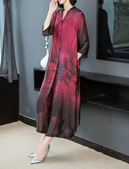 Plus Size Vintage Standing Collar Button Printed Silk Blouse + Wide Leg Pants