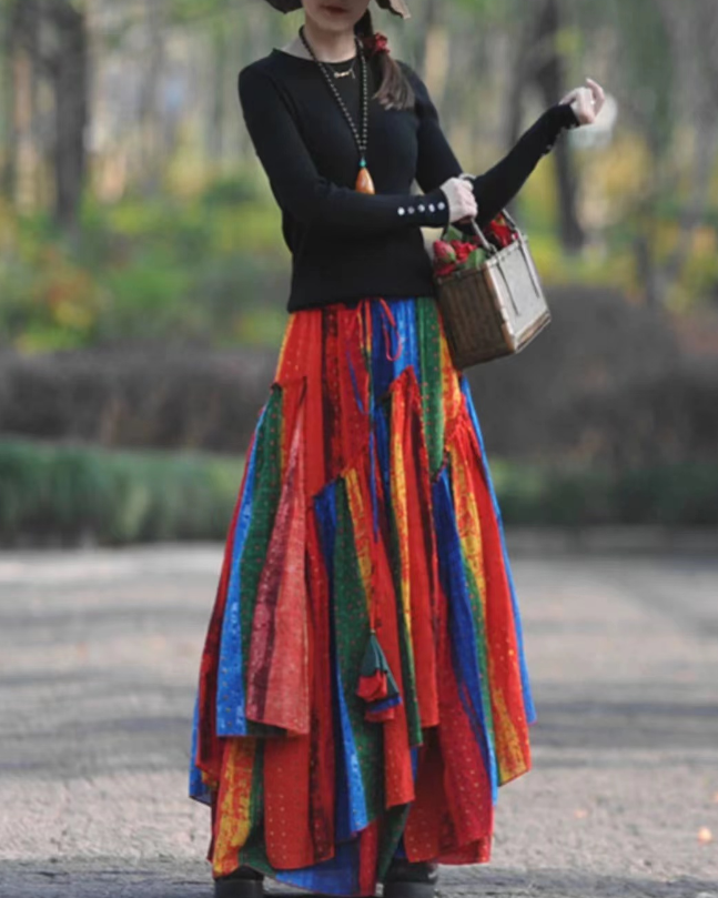 Bohemian Cotton Asymmetrical Colorful Peplum Skirt