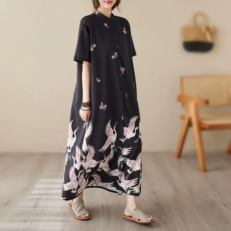 Stand-up Pocket Printed Short Sleeve Long Cardigan Dress