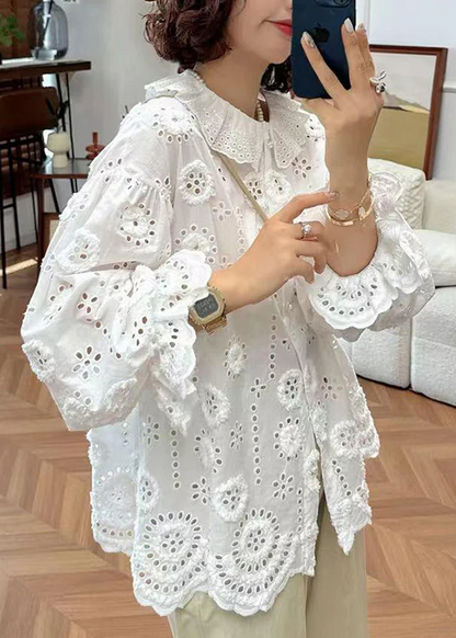 Women's Loose Embroidered Bubble Sleeve Hollow Floral Cotton