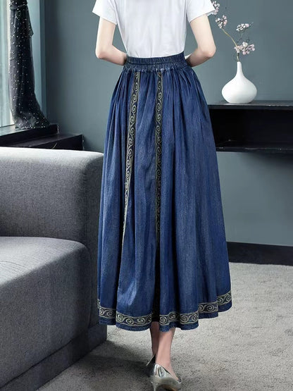 High Waist Geometric Embroidery Long Half Skirt