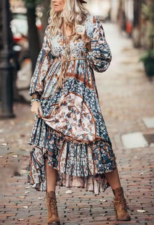 Bohemian V-Neck Printed Bubble Sleeve Dress