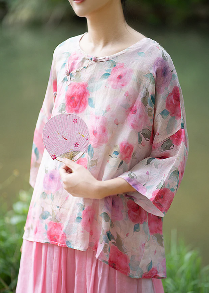 Elegant O-neck Printed Chinese Buttoned Linen Shirt