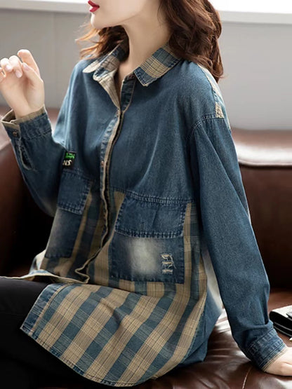 Loose Patchwork Colorblocked Lapel Cardigan Denim Jacket