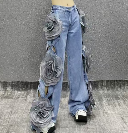 Modern Blue Stereo Floral Pocket High Rise Jeans