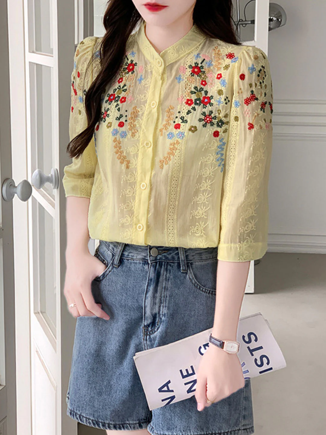 Elegant Embroidered Jacquard Short Sleeve Cardigan Shirt Top