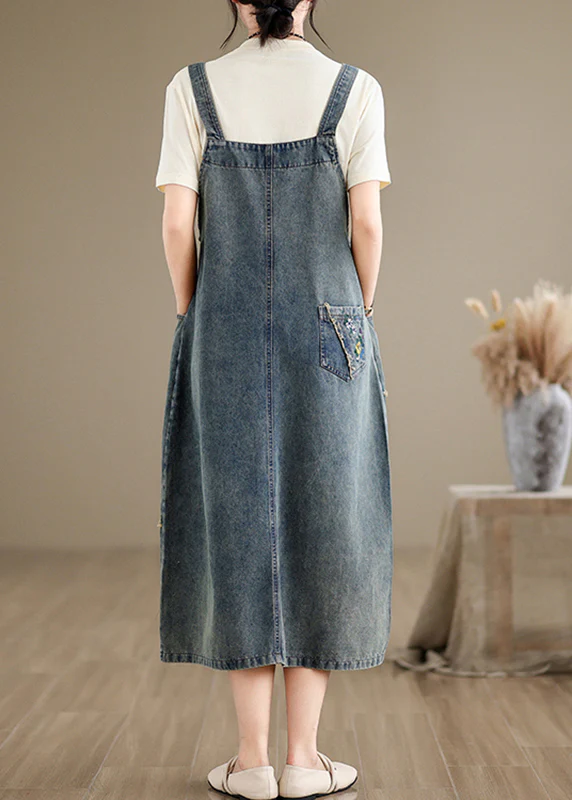 Women's Denim Embroidered Floral Spaghetti Strap Sleeveless Dresses