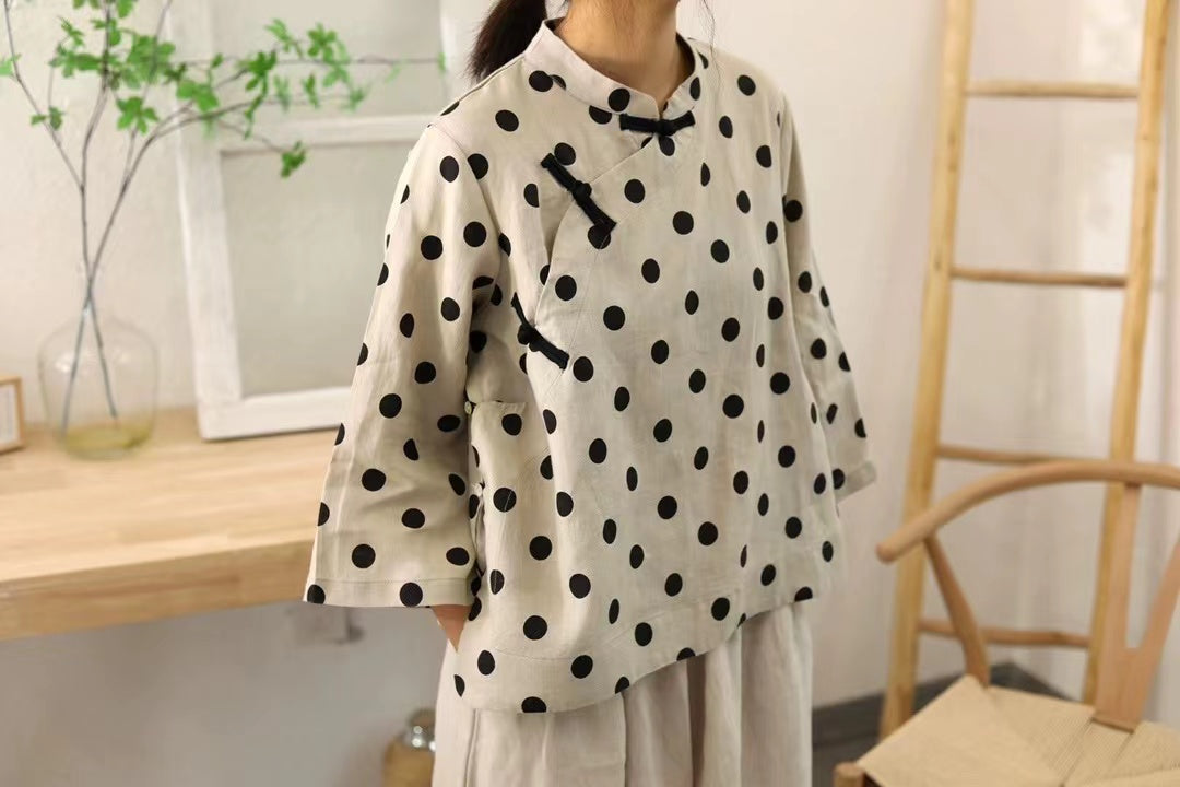 Women's Vintage Spring Dot Linen Slant Open Shirt