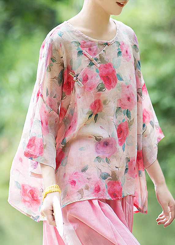 Elegant O-neck Printed Chinese Buttoned Linen Shirt