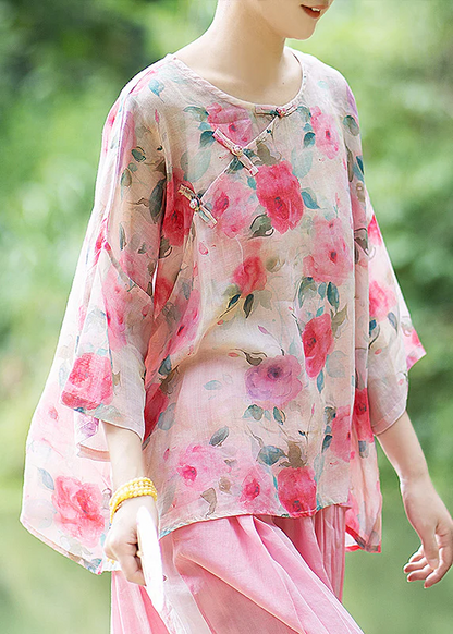 Elegant O-neck Printed Chinese Buttoned Linen Shirt